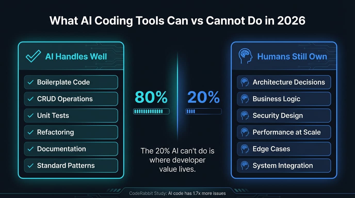Comparison of what AI coding tools can and cannot do for software development in 2026