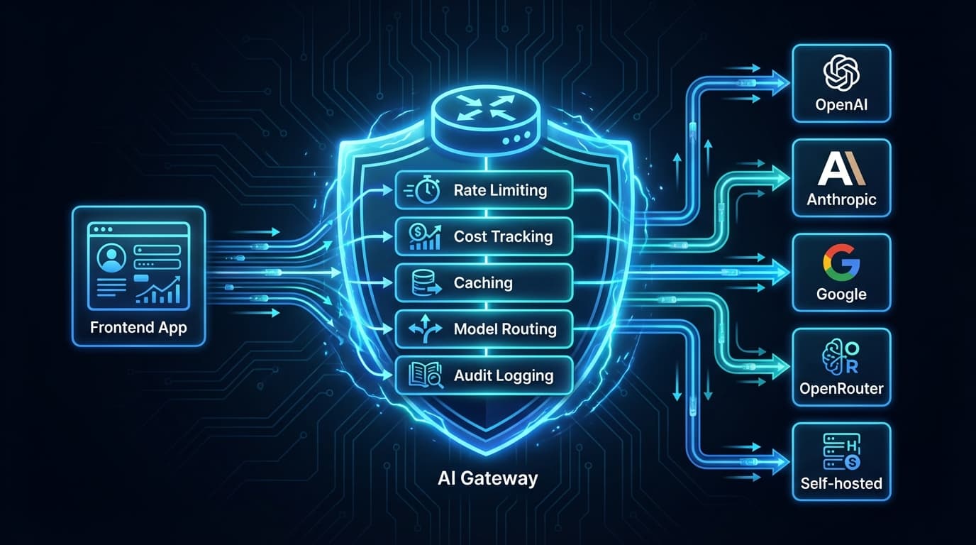 AI Gateway architecture pattern with rate limiting, caching, and multi-model routing