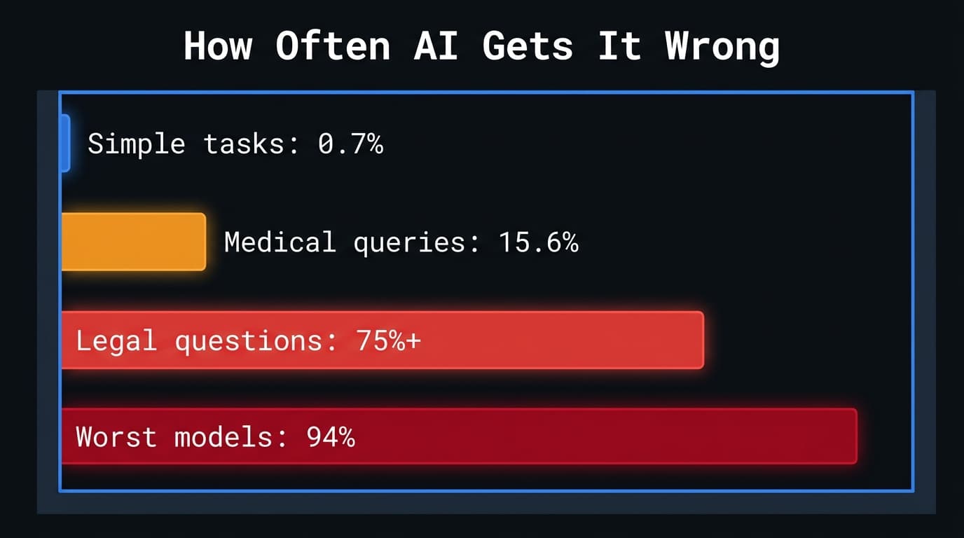 AI hallucination rates comparison showing 0.7 percent for simple tasks up to 94 percent for worst models