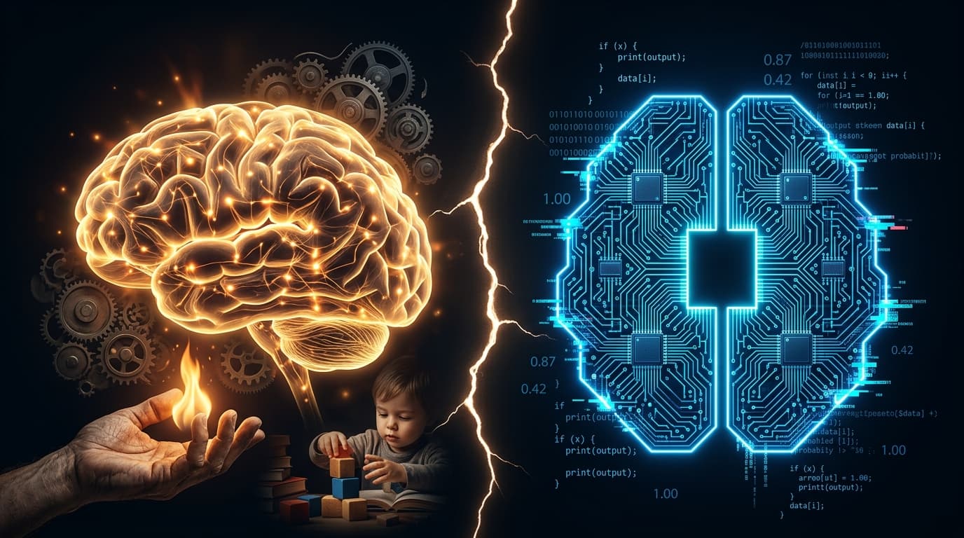 Split visual comparing real human intelligence with neural connections on one side versus artificial intelligence with digital circuit patterns on the other side