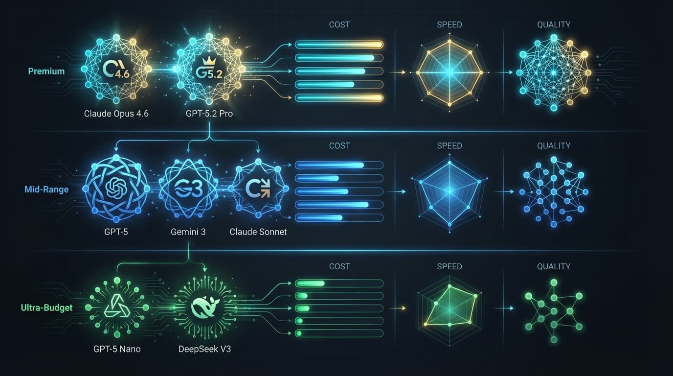 AI model comparison showing pricing tiers from ultra-budget to premium