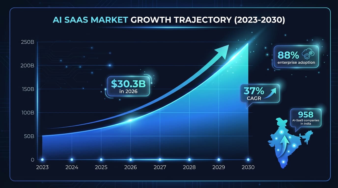 AI SaaS market growth trajectory showing explosive growth from 2023 to 2030