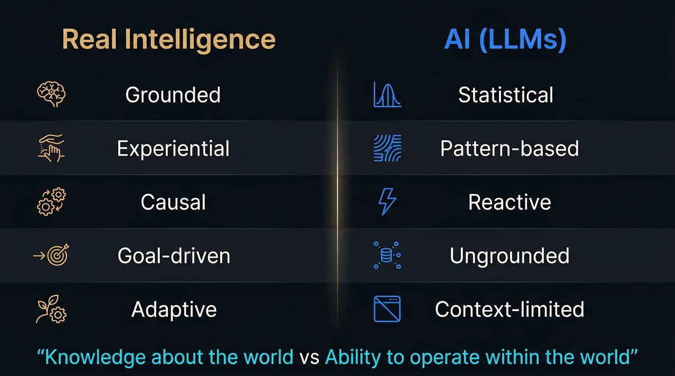 Real intelligence vs AI comparison showing grounded experiential causal versus statistical pattern-based reactive