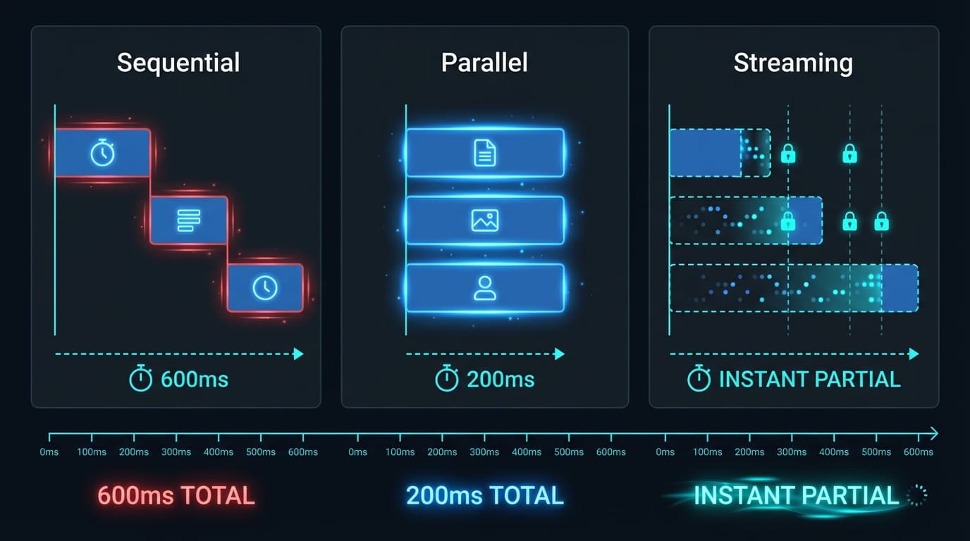 Data fetching patterns comparison — sequential waterfall vs parallel vs streaming with Suspense