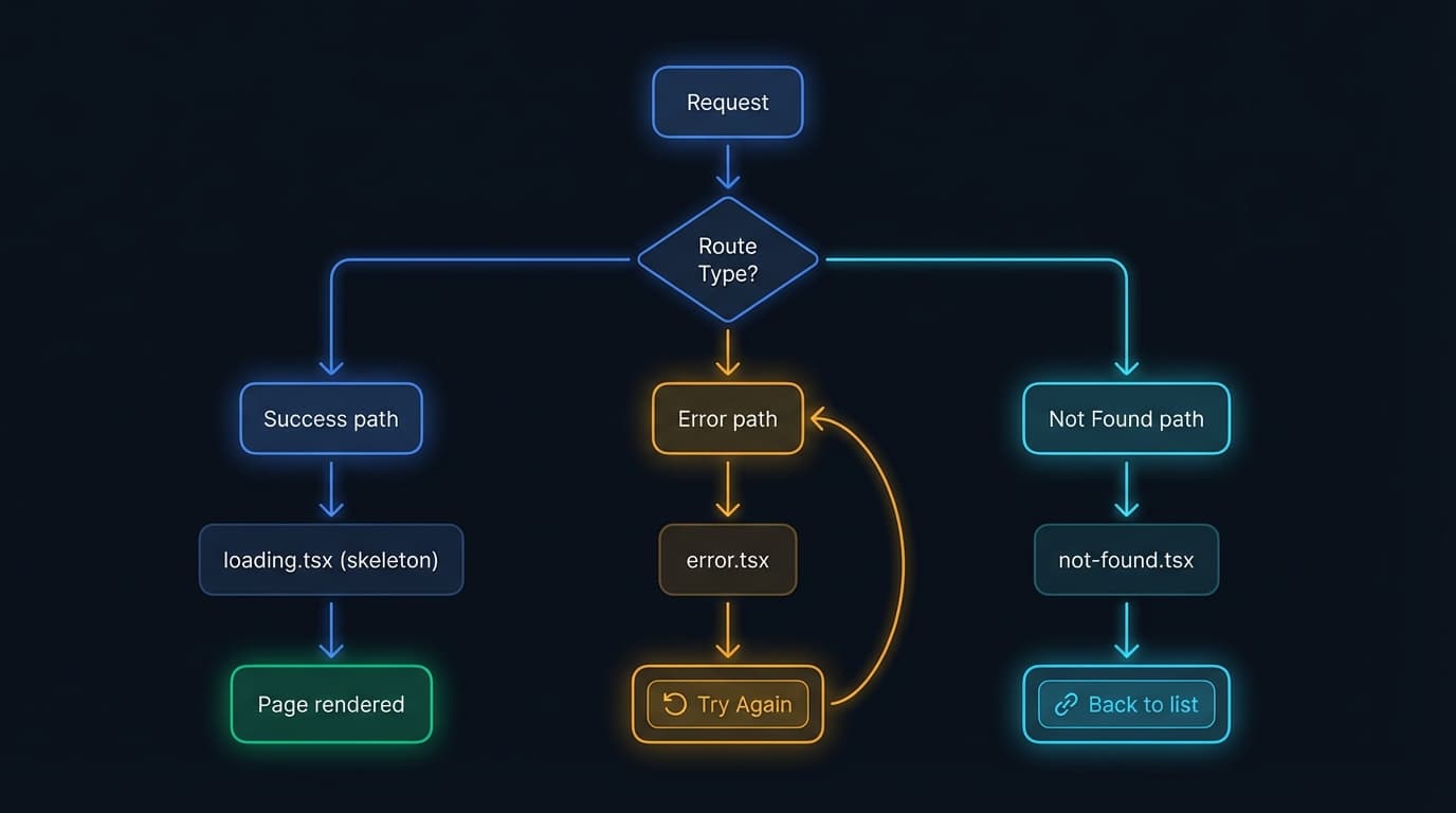 Next.js error handling flow — loading, error recovery, and not-found states