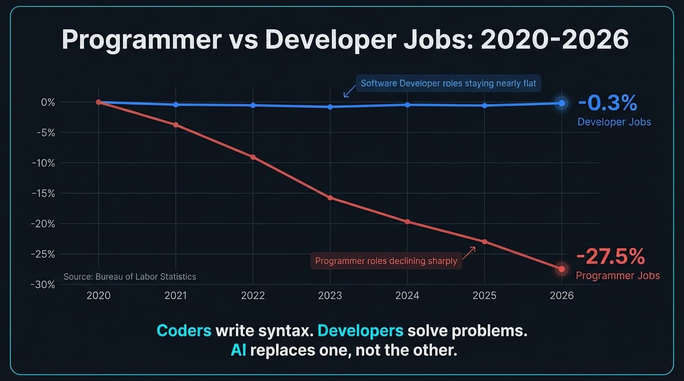 Future of software development jobs chart showing programmer roles declining 27.5 percent while developer roles remain stable