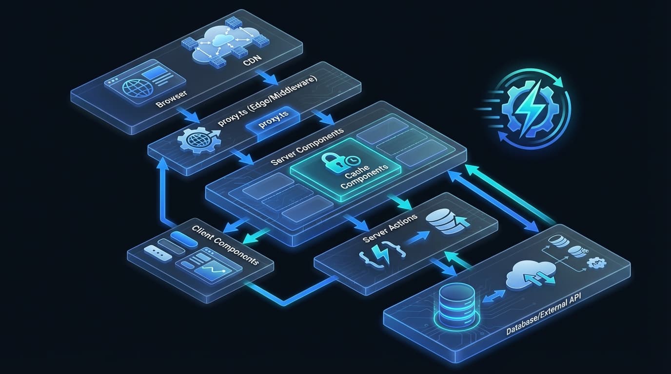 Next.js 16 layered architecture showing proxy.ts, Server Components, Cache Components, and database layers