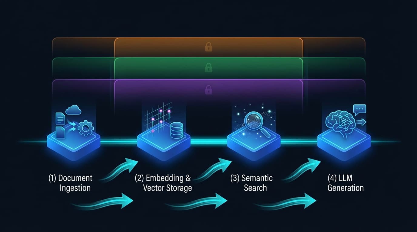 RAG pipeline flow from document ingestion to embedding storage to semantic search to LLM generation