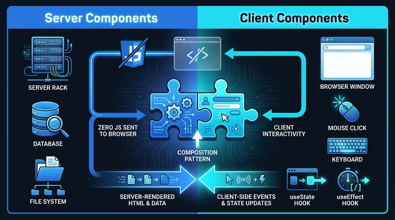 Server Components vs Client Components — server handles data, client handles interactivity