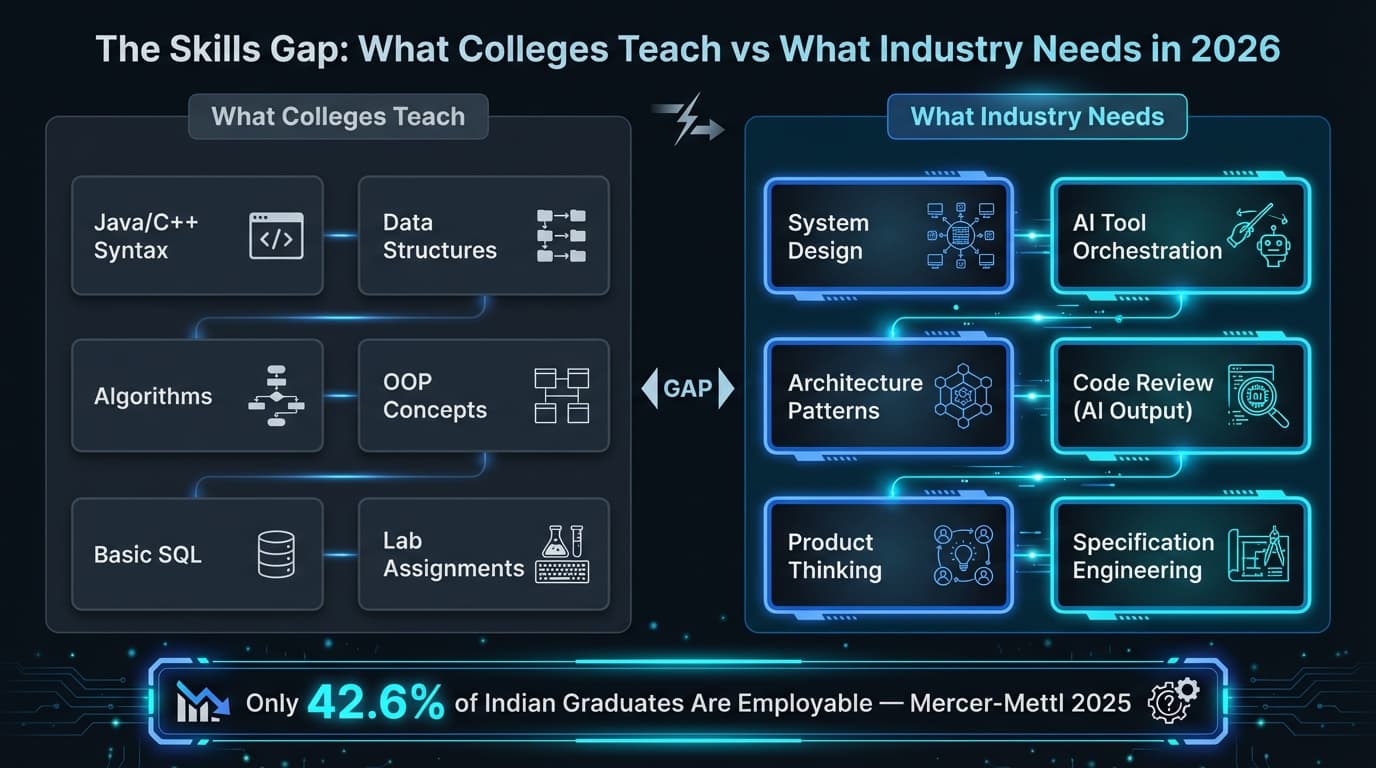 Skills gap between CS education and industry needs for software development jobs in India 2026