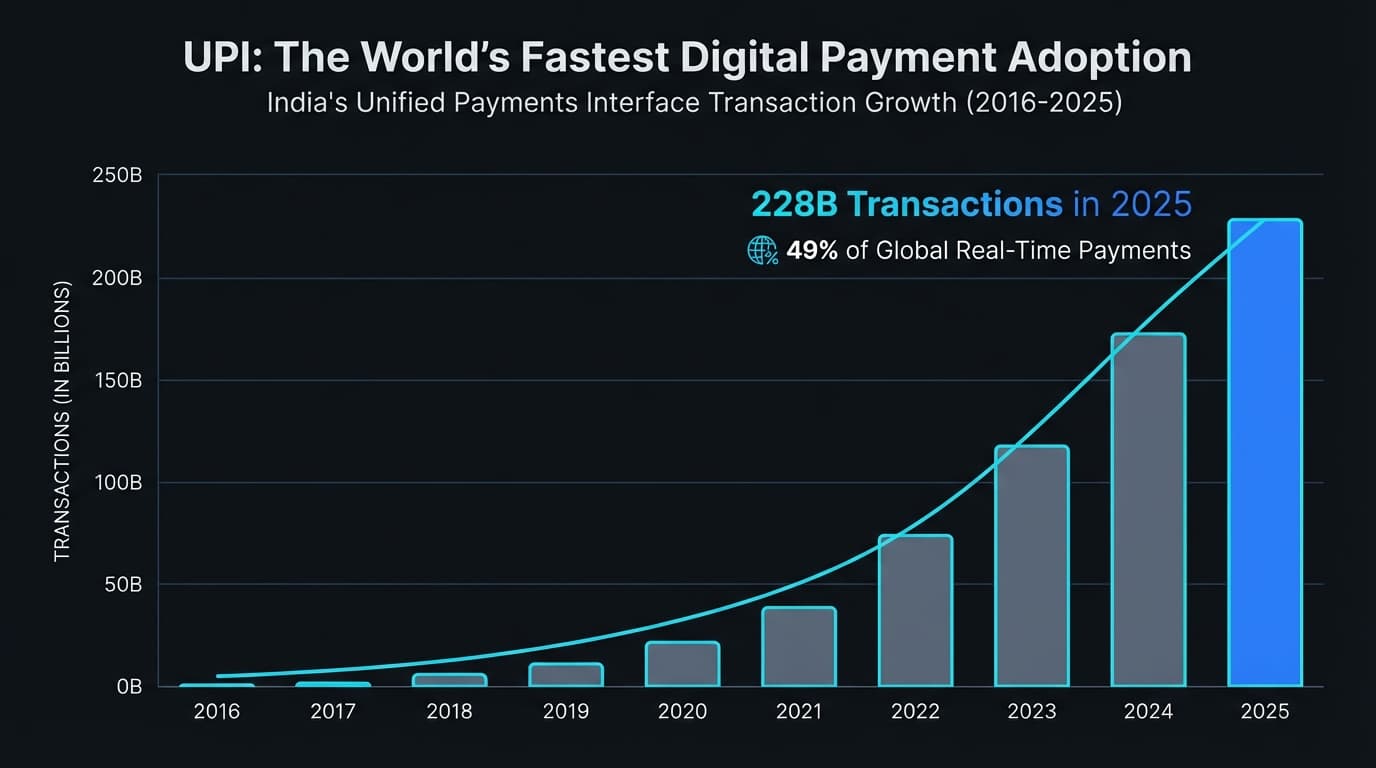 UPI transaction growth chart showing India's digital adoption from 2016 to 2025