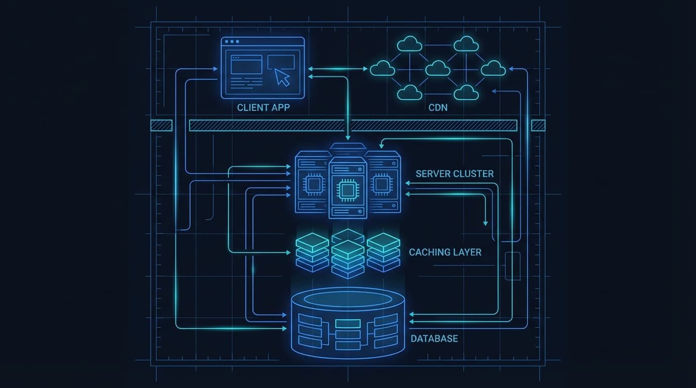 Next.js 16 enterprise application architecture diagram showing Cache Components, Turbopack, Server Components, and deployment layers